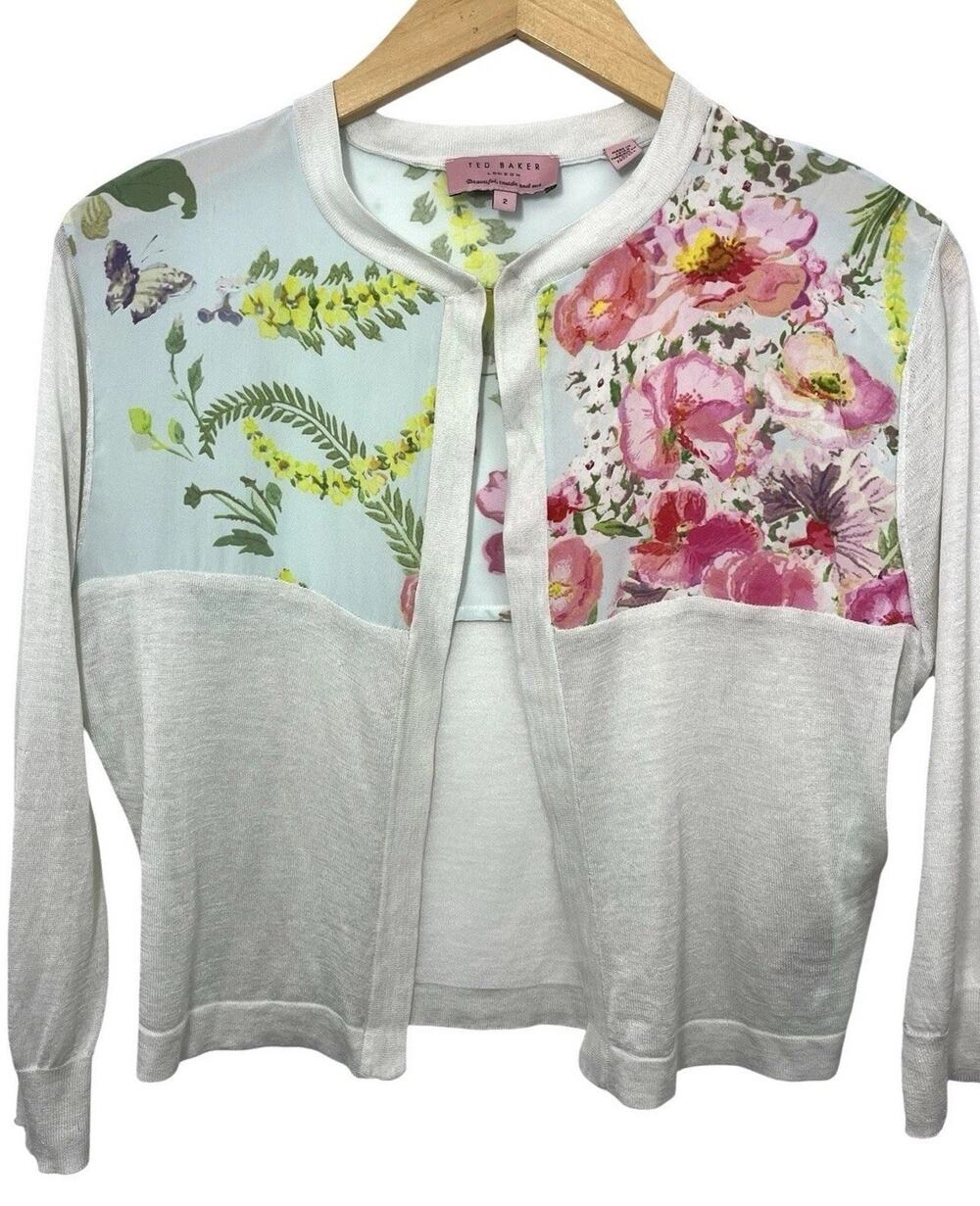 TED BAKER Silk Cotton Cardigan Sweater Floral Garden Sz 2 US 6 Romantic Feminine